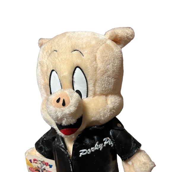 Looney Tunes 1995 Porky Pig That's All Folk's Plush Stuffed Leather Jacket - Picture 4 of 11